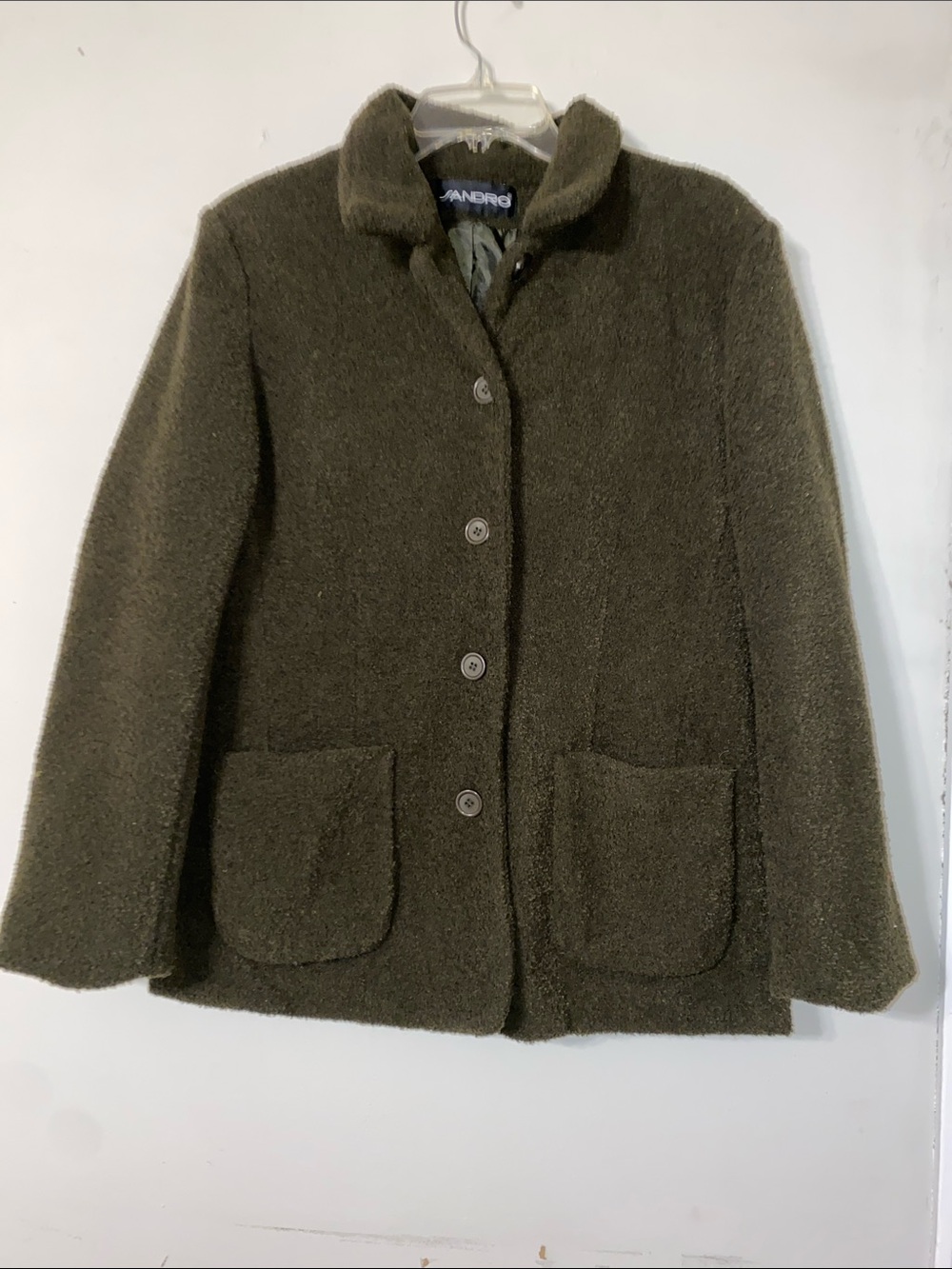 Sandro Olive Green Teddy Bouclé Button Jacket